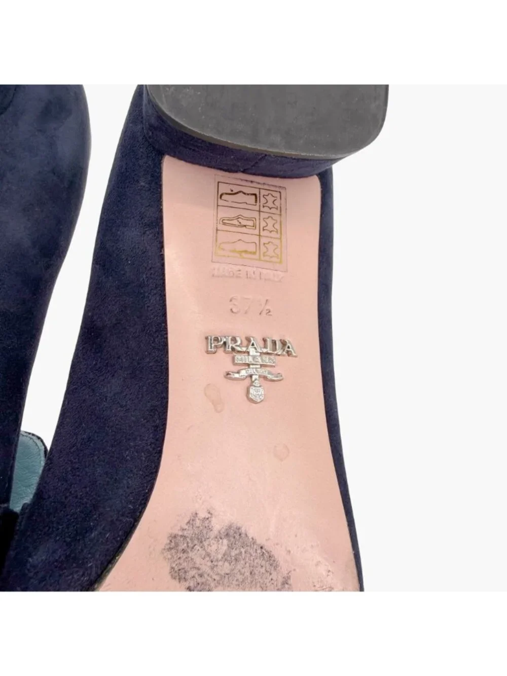 Prada Logo Loafer Pumps Heels Navy Suede Size 37.5 US 7.5 Women’s Blue